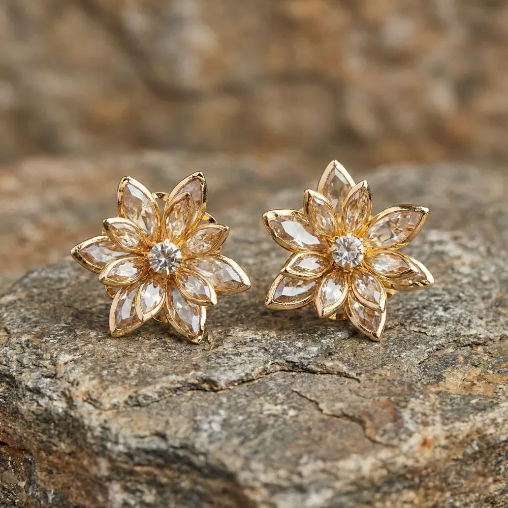 Golden Crystal Blossom Studs Placed on Stone