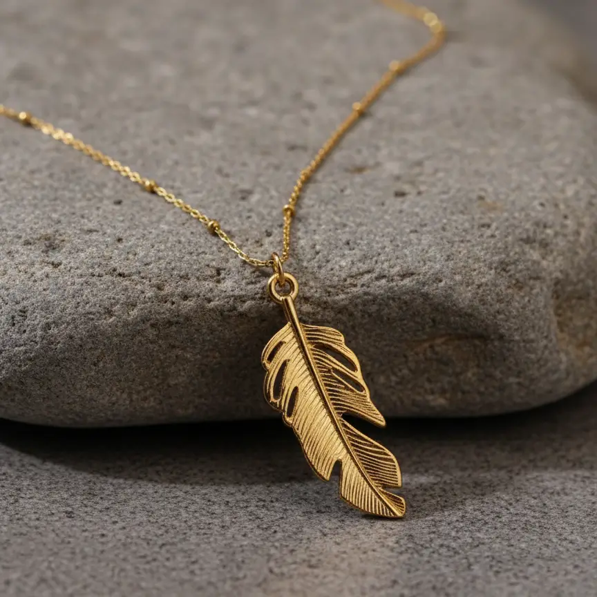 Golden Feather Pendant Necklace Stone Placement
