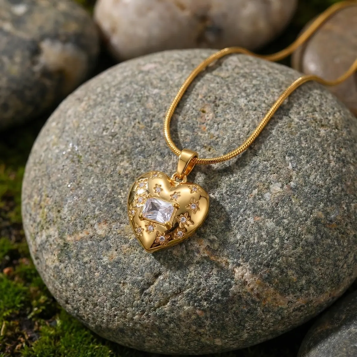 Golden Love Diamond Heart Necklace Placed on Stone
