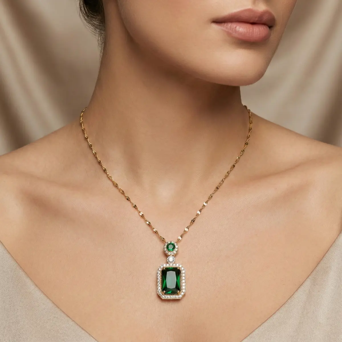 Royal Emerald Halo Pendant Necklace with Model